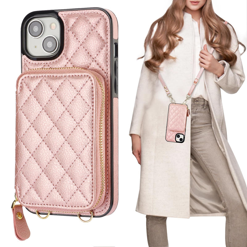 Bocasal Crossbody Wallet Case for iPhone 15 Plus, RFID Blocking PU Leather Zipper Handbag Purse Flip Cover, Kickstand Folio Case with Card Slots Holder Wrist Strap Lanyard 5G 6.7 Inch (Rose Gold) Rose Gold