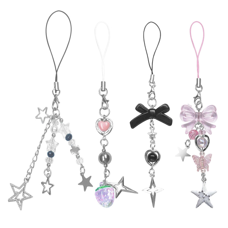 4PCS Cute Phone Charms Aesthetic Y2K Cell Phone Charms Strap Pink Strawberry Butterfly Star Phone Charm Y2K Accessories for Phone Bag Keychain Airpods Camera Pendants Decor