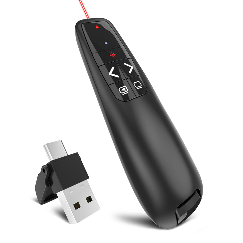 Powerpoint Clicker Remote 2 in 1 USB Type C Plug & Play Wireless Presentation Presenter with Red Laser Pointer, 2.4GHz Long Range Control PPT Clickers Slideshow Advancer for Mac/Computer/Google Slides USB+Type C Red Light