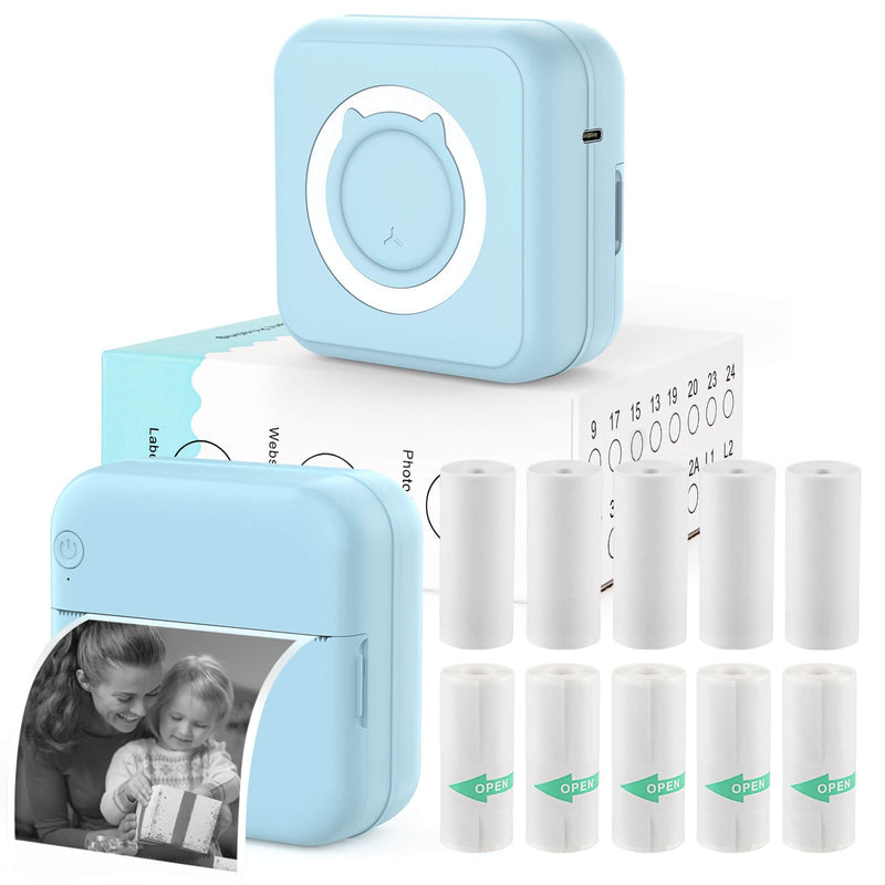 Pocket Printer for iPhone/Android, Wireless Mini Sticker Printer with 10 Rolls Thermal Paper, Blue-Tooth Thermal Mini Printer Portable for Notes Journal Memo Photo Study, Blue