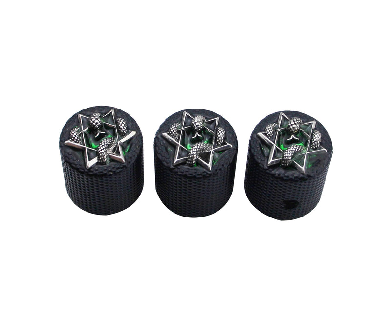 Guyker Guitar Bass Potentiometer Control Knobs with 6mm Dia. Shaft Pots - 3PCS Zinc alloy Speed Tone Volume Knob Replacement Part, (Ancient Silver Green Snake Top, black body) Ancient Silver Snake Top