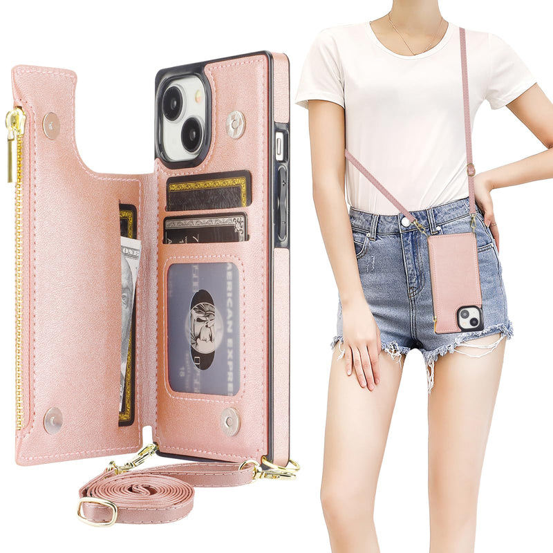 [AUSTRALIA] - Bocasal Crossbody Wallet Case for iPhone 15 with RFID Blocking Card Slot Holder, Magnetic Flip Folio Purse Case, PU Leather Zipper Handbag with Detachable Lanyard Strap 6.1 Inch 5G (Rose Gold) Rose Gold 