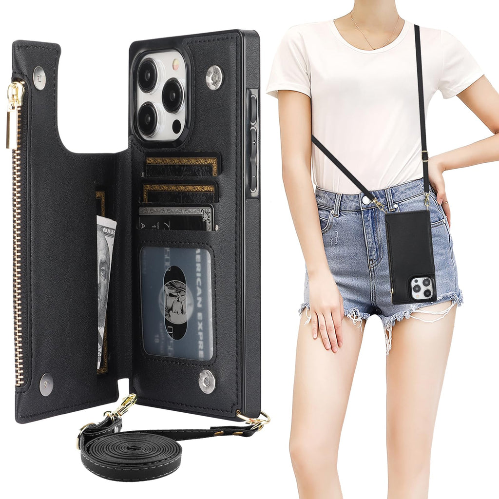 Bocasal Crossbody Wallet Case for iPhone 15 Pro Max with RFID Blocking Card Slot Holder, Magnetic Flip Folio Purse Case, PU Leather Zipper Handbag with Detachable Lanyard Strap 6.7 Inch 5G (Black) Black