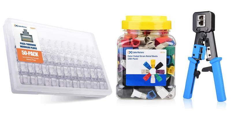 Cable Matters 1 50-Pack Cat 6 Pass Through RJ45 Connectors 2 200-Pack Cat6 / Cat5e RJ45 Strain Relief Boots 3 Modular RJ45 Crimp Tool for Pass-Through Connectors