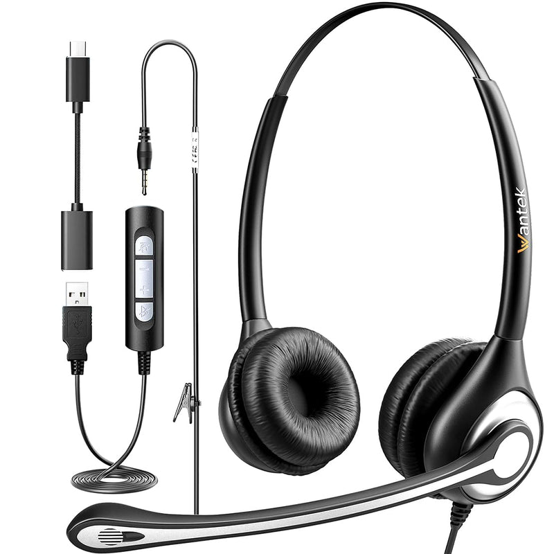 Wantek USB Headset with Mic for PC, On-Ear Computer Laptop Headphones with Noise Cancelling Microphone in-line Control for Home Office Online Class Skype Zoom SC2Black