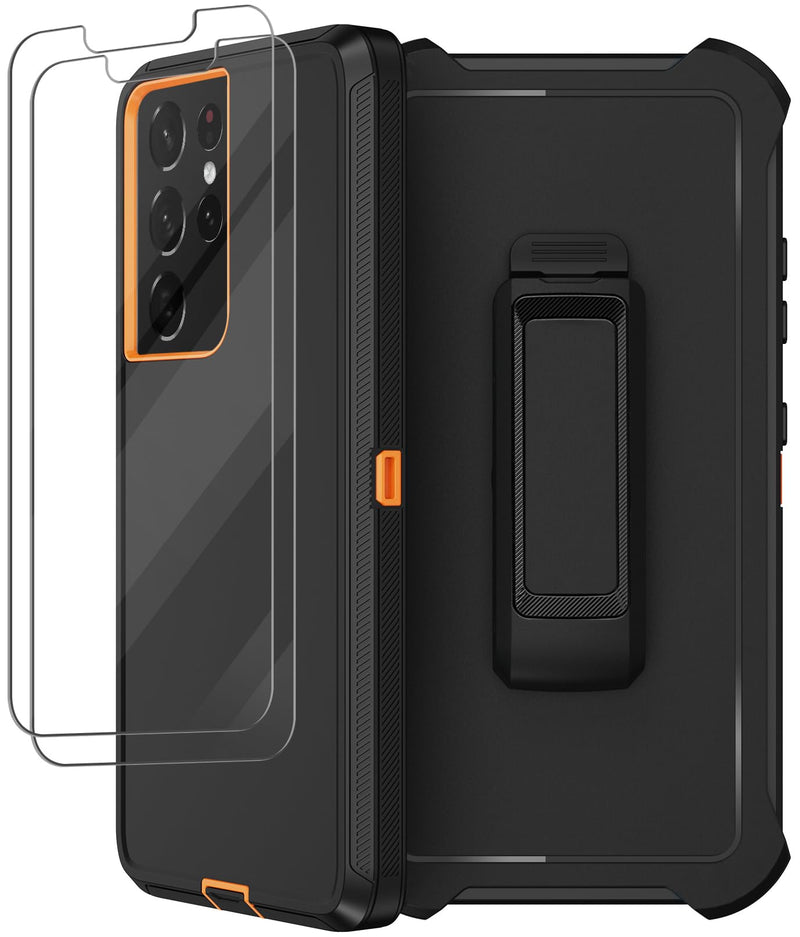 for Samsung Galaxy S21 Ultra Case with Belt Clip Holster, 2X Screen Protector, Heavy Duty Full Body Shockproof Drop-Proof Rugged Protective Cover for Samsung Galaxy S21 Ultra 5G 6.8 inch (Orange) Orange