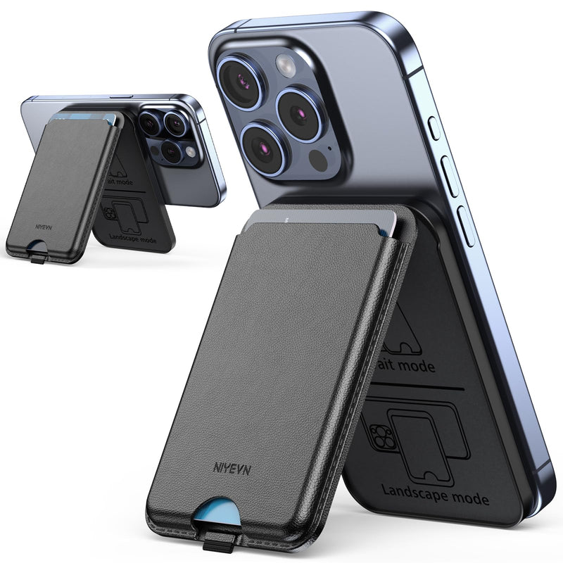 Magnetic Wallet ，Compatible with MagSafe Wallet, for iPhone Wallet with Adjustable Stand, for iPhone 15/14/13/12 Series, 3-Card HolderVegan Leather black