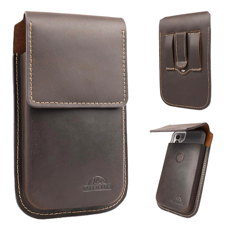 Topstache Leather Phone Holster with Belt Clip,Flip Cell Phone Pouch for iPhone 14/13 Pro Max,S23 Plus Belt Clip Phone Case,Universal Smartphone Sheath,XL,Darkbrown XL Darkbrown