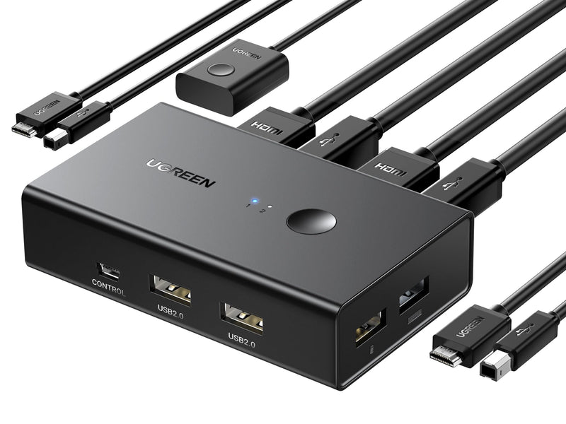 UGREEN HDMI KVM Switch 1 Monitor 2 Computers, 4K@60Hz, with 4 USB Ports | KVM Switches, Sharing One Monitor Keyboard Mouse Printer, with 2 HDMI + 2 USB Cables, Desktop Controller, No EDID Emulation