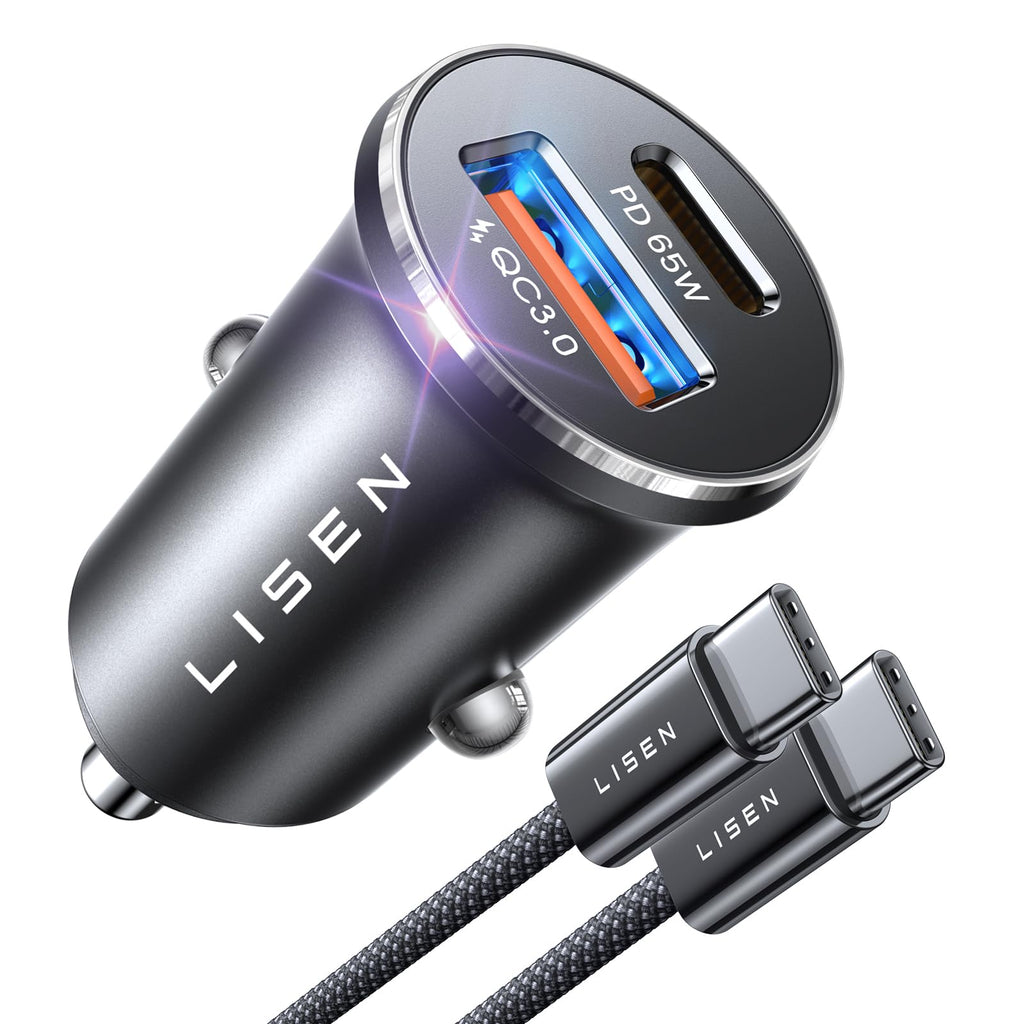 LISEN 95W USB C Car Charger Adapter Fast Charge [All Metal] Cigarette Lighter USB Charger Fast Charging PD65W Dual Port Car Phone Charger for iPhone 15 Pro Max Plus 14 Samsung Galaxy S23 iPad Pro Black