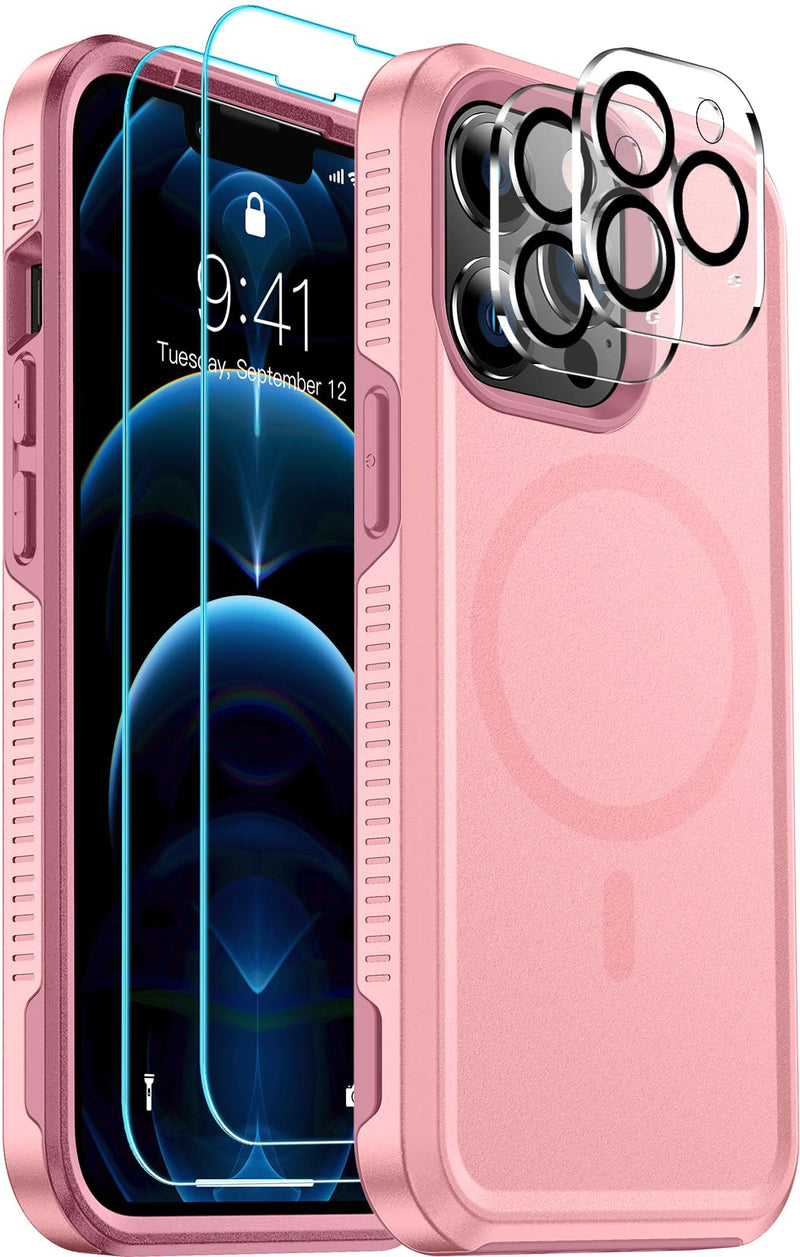 Red2Fire Strong Magnetic for iPhone 12 Pro Max Case, [Compatible with MagSafe] [Tempered Glass Screen Protector + Camera Lens Protector] Heavy Duty Shockproof Protective Phone Case Cover (Pink) Pink-Mag