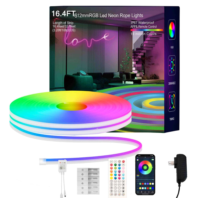 Neon Rope Lights, 16.4FT RGB LED Strip Lights App Control,IR Remote,Music Syncing,Outdoor IP67 Waterproof,Flexible DIY Design for Bedroom,Living,Gaming,Party Decoration