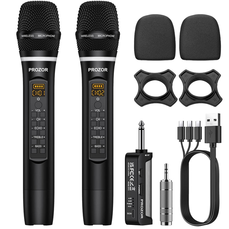 PROZOR UHF Wireless Microphone with Volume Treble Bass Echo Control, Wireless Rechargeable Mic Dual Handheld Dynamic Mic System with Rechargeable Receiver, for Karaoke Machines, DJ, Church, Weddings Rechargeable Portable Bluetooth UHF Mic – Echo Control