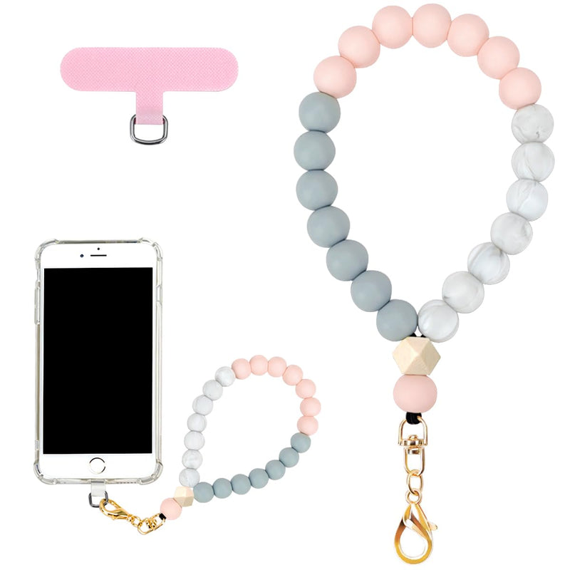 Marble Silicone Beaded Phone Wrist Strap, Cellphone Lanyard with Tether Tab, Elastic Hands-Free Wristlet Bracelet Pink