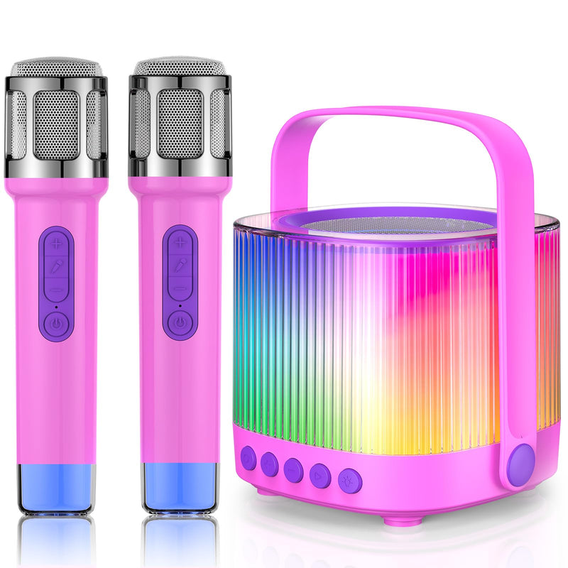 Karaoke Machine for Kids Adults Portable Bluetooth 5.3 Speaker with 2 Wireless Microphones, Five LED Disco Lights Modes, Five Funny Sound Modes, for Girls Boys Home Party-Pink Pink