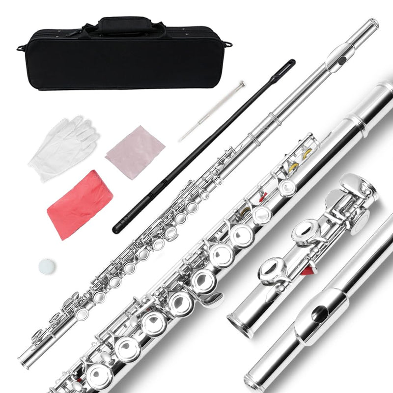 New 16 Hole C key Flute with Gloves Cleaning Rod Case Closed hole Nickel Silver Flute instrument (#silver) #silver