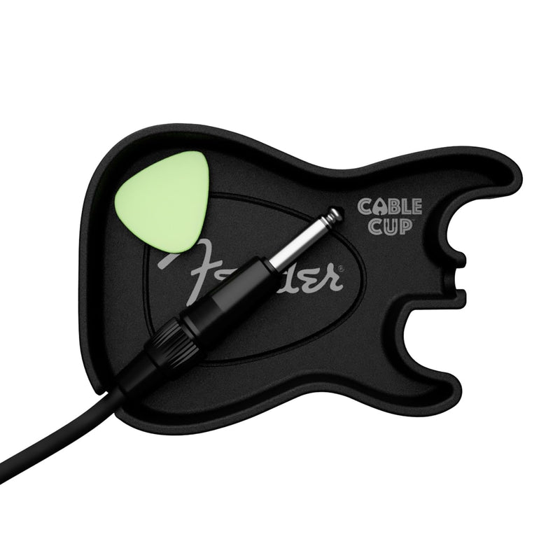 Cable Cup Fender® Pick & Cable Holder | Adhesive-Free Amp-Top or Tabletop Tray Using Microsuction Technology | Strat® Body Shape Strat Body