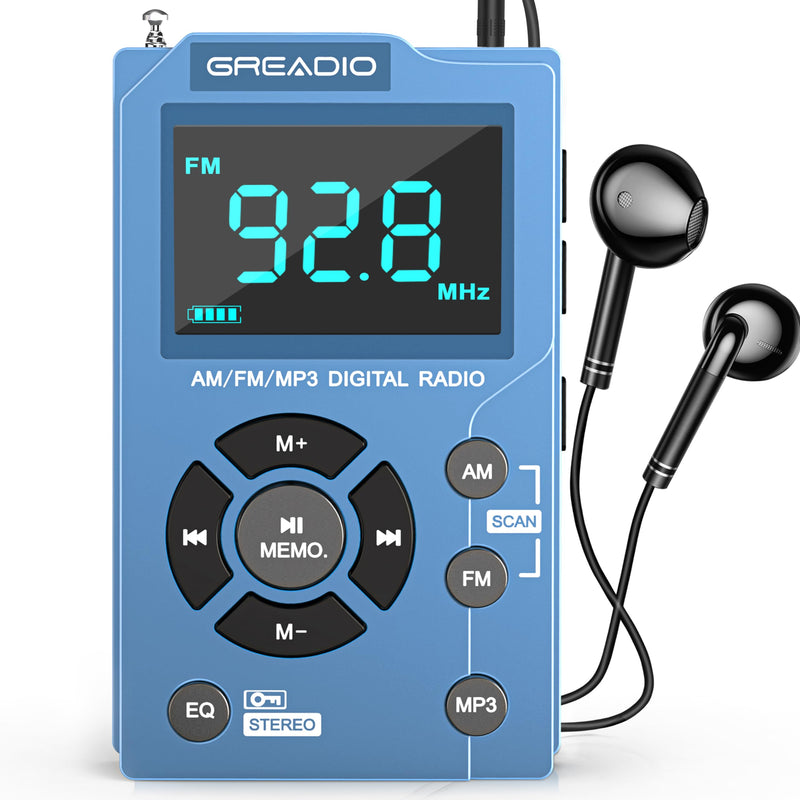 [AUSTRALIA] - Greadio Portable AM FM Radio with MP3 Player, Best Reception Pocket Radio, Large LCD Screen and Easy to Use, 6 EQ Stereo, Earphone Jack for Jogging, Walking, Camping Blue 