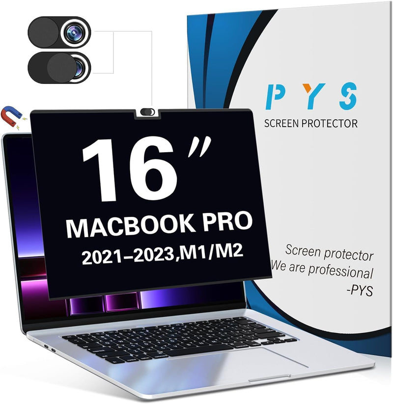PYS Magnetic Privacy Screen Protector for MacBook Pro 16 Inch (2021-2023,M1,M2,M3,Pro,Max) + Camera Cover Slide 2 Pack and Trackpad Protector 2 Pack – [Matte Anti-Glare] [Reduces Blue Light] MacBook Pro 16 Inch (2021-2023,M1,M2)