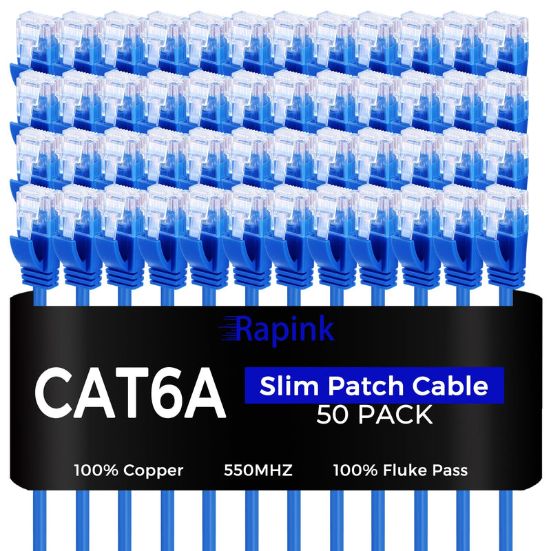 Rapink Patch Cables Cat6a 3ft (50 Pack) Slim, Cat6a Ethernet Patch Cable 10G Support, Snagless Cat 6 Patch Cable for Patch Panel to Switch, Flexiable Cat 6a Ethernet Cable with Gold Plated 50 Pack
