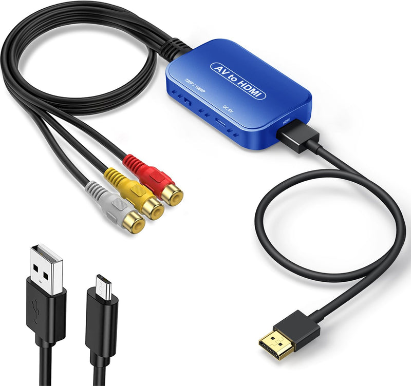RCA to HDMI Adapter, AV to HDMI Converter, RCA to HDMI Composite Audio Video Converter for PS1, PS2, PS3, STB, Xbox, VHS, VCR,Blue-Ray DVD Players(HDMI Cable Included) Blue