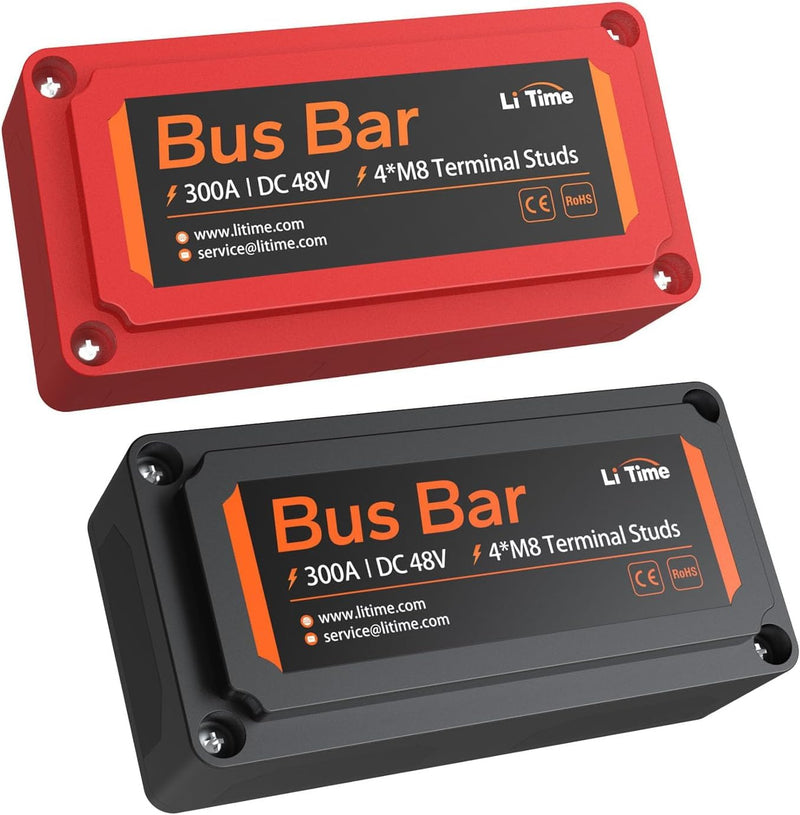 LiTime 300A Bus Bar 4*M8 Terminal Posts for LiFePO4 Batteries High Voltage and Current Suitable for Automotive, Marine, and Solar Applications and Electrical System (Red+Black)