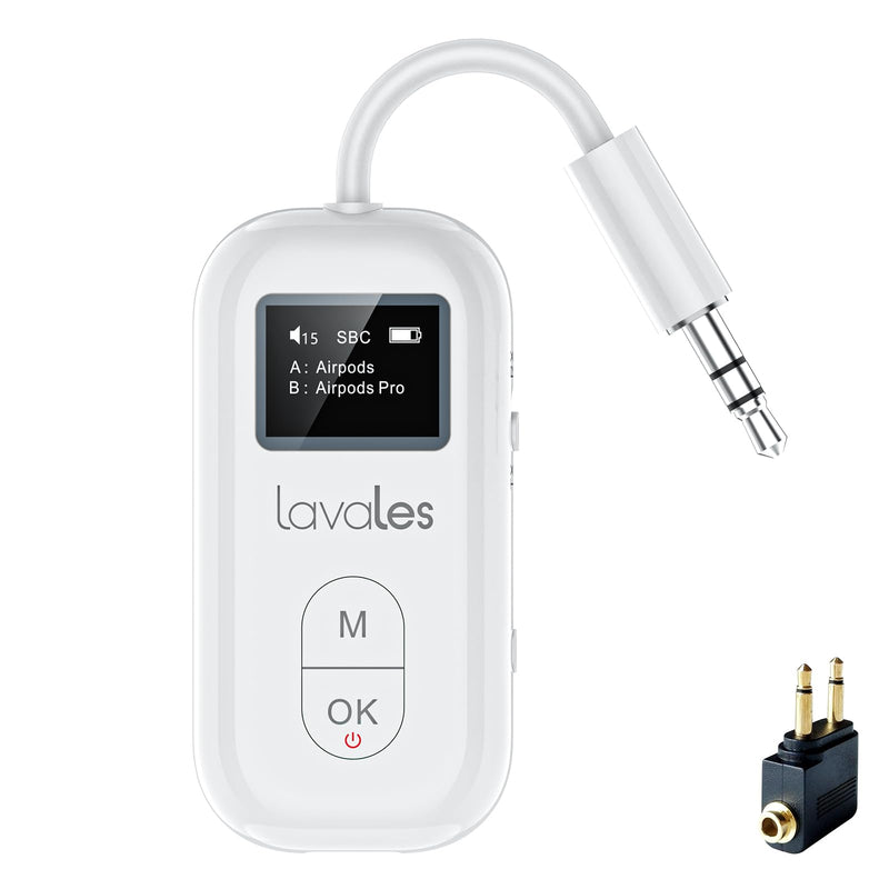 SafeFly Pro Bluetooth 5.3 Transmitter & Receiver Bluetooth Audio Adapter w/Screen for up to 2 Bluetooth Headphones; Use with Any 3.5 mm Jack on Airplanes, TVs, iPad/Tablets, Speakers and Auto
