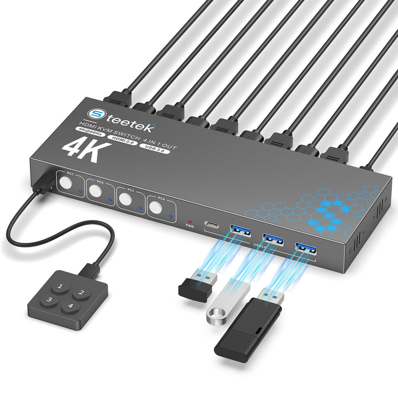 USB 3.0 HDMI KVM Switch 1 Monitors 4 Computers, 4K@60Hz KVM Switches for 4 Computers Sharing Monitor Keyboard Mouse Hard Drives Printer, with EDID Adaptive,1 HDMI Cable and 4 USB Cable