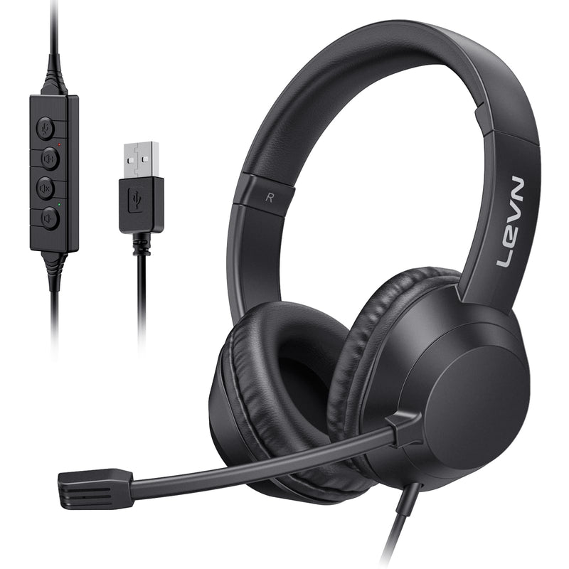 LEVN Headset with Mic, USB Headset with Microphone, Computer Headset with Noise Cancelling Microphone for Laptop PC, Mute in-line Controls, Wired Headset for Work from Home/Open Office/Call Cente Black