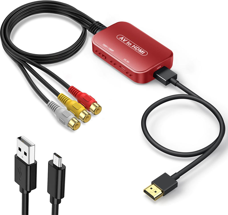 RCA to HDMI Adapter, AV to HDMI Converter, RCA to HDMI Composite Audio Video Converter for PS1, PS2, PS3, STB, Xbox, VHS, VCR,Red-Ray DVD Players(HDMI Cable Included) Red