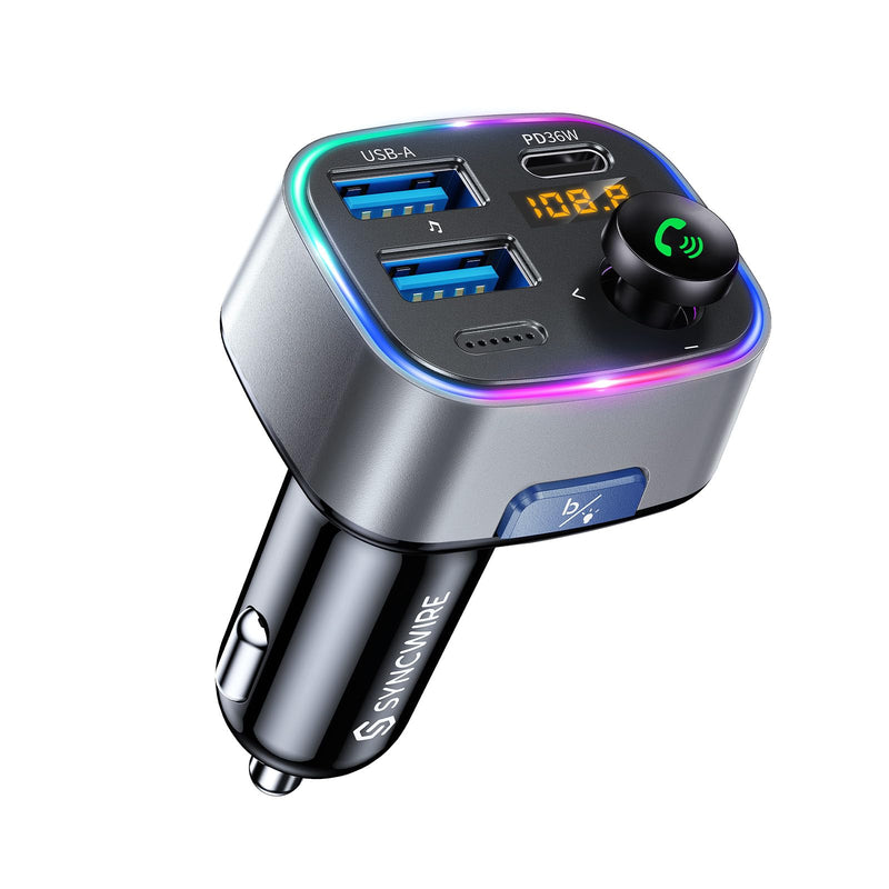 Syncwire Bluetooth 5.3 FM Transmitter Car Adapter 48W (PD 36W & 12W) [Light Switch] [Hi-Fi Deep Bass] [Fast Charge] Wireless Radio Music Adapter LED Display Hands-Free Calling Support USB Drive Silver