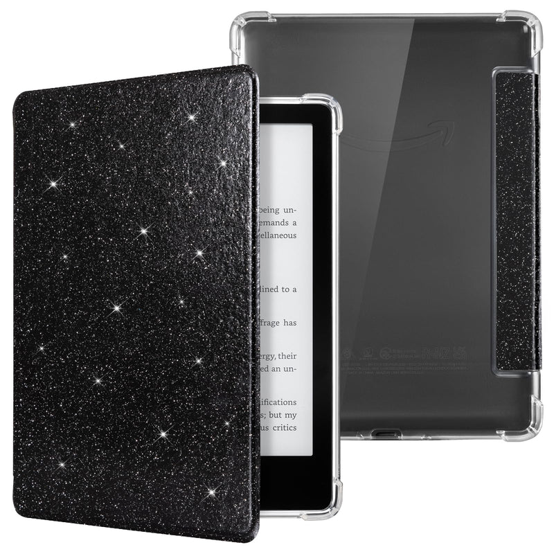 CoBak Case for Kindle Paperwhite - New PU Leather Cover and Clear Soft Silicone Back Cover with Auto Sleep Wake Feature for Kindle Paperwhite Signature Edition (6.8" 11th Generation 2021 Released) L-Glitter Black