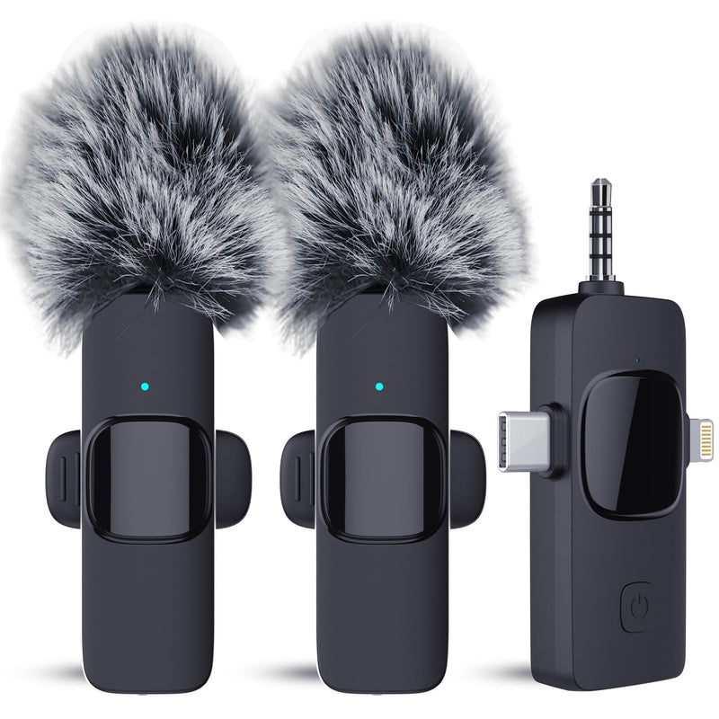 Wireless Lavalier Microphone for iPhone Android Camera with Furry Windproof Covers, Dual Lavalier Microphone for Interviews, Live Streaming, YouTube, TikTok, Plug-Play, 3-in-1 Receiver 3 in 1