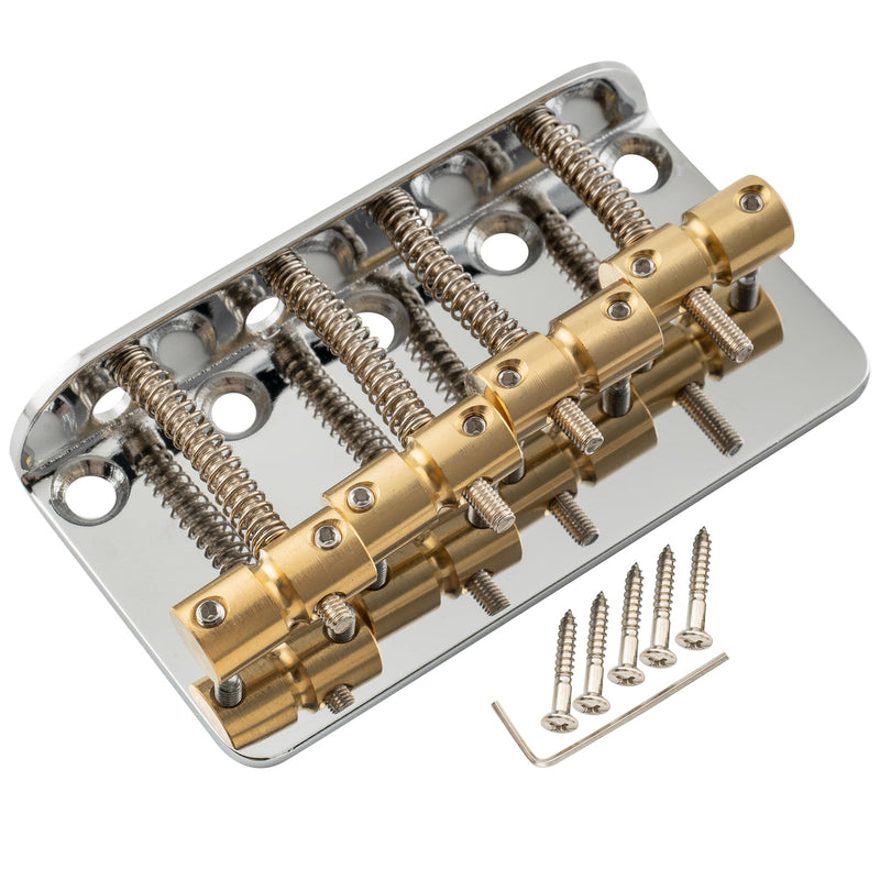 Musiclily Pro 19mm Classic Standard Hardtail Fixed 4-String Bass Bridge Top-loading with Brass Saddles Steel Plate for Jazz Bass Precision Bass PB JB Style Eelectric Bass, Chrome