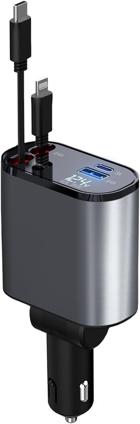 Retractable Car Charger, 4 in1 Fast Car Phone Charger 120W, 2.7Ft Retractable Cables and 4 Electronic Ports, Car Charger Compatible for iOS & Android Cell Phones All Device Charging