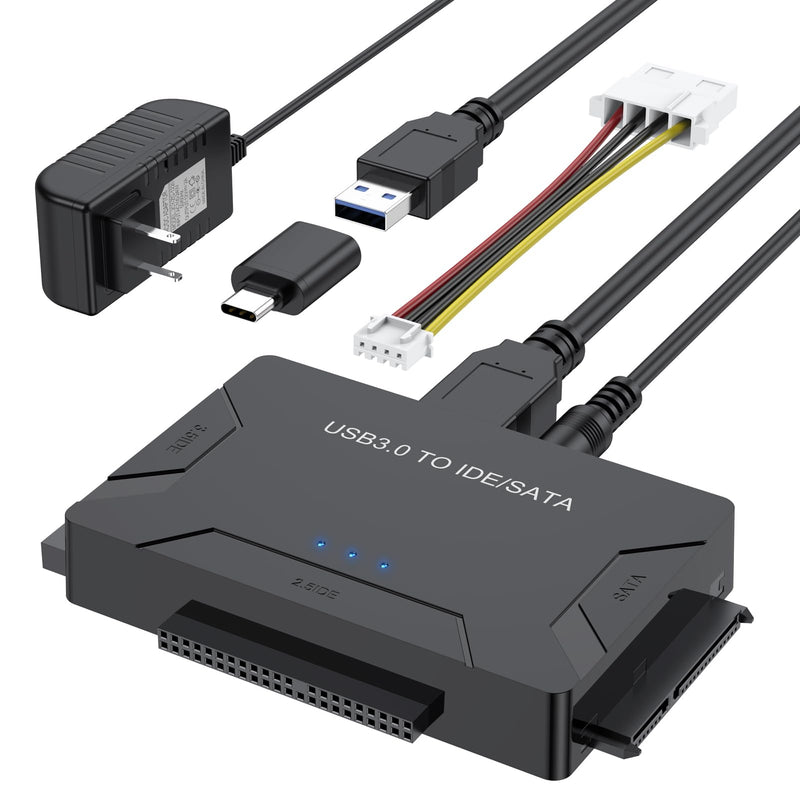 FEMORO Hard Drive Reader IDE SATA to USB 3.0 Adapter, USB + Type C External Hard Drive Data Ultra Recovery Converter Kit with Power for 2.5 3.5 hdd ssd disk 5.25 Inch DVD/CD-ROM Optical Drive SATA IDE to USB+USB C