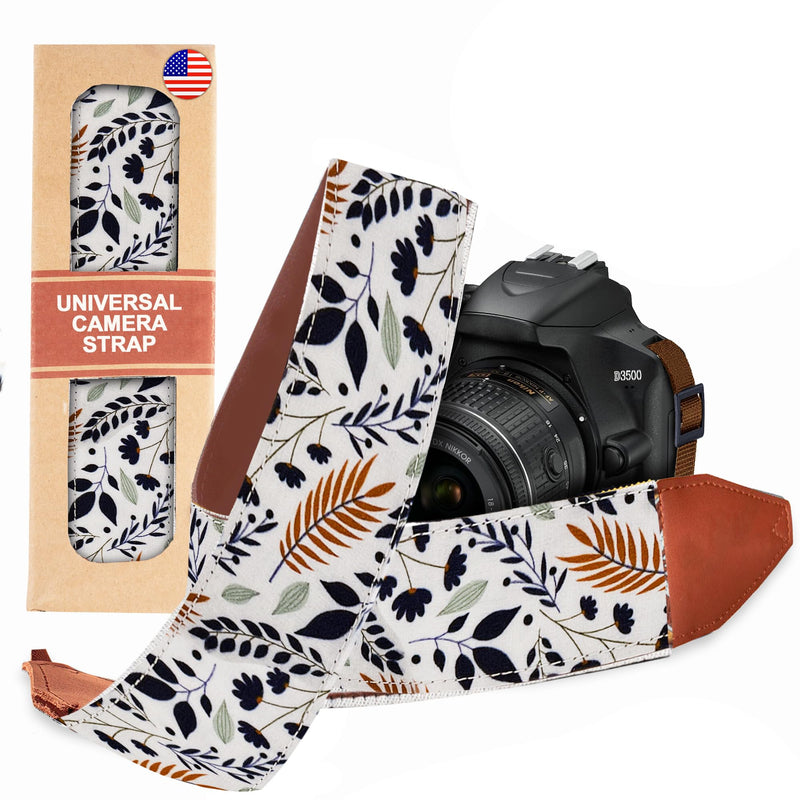 Camera Strap for DSLR and Mirrorless Camera , Shoulder Neck and Crossbody Strap with Soft Padded Webbing, Cotton Pattern for Men & Women, Best Gift for Photographers, White Leaves Classic Design A White Leaves