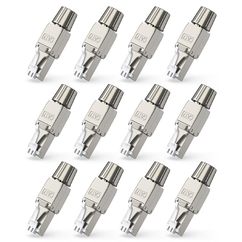 Cat7 Cat6A RJ45 Connector 12-Pack, Tool-Free Zinc Alloy Shielded Ethernet Termination Plugs for Cat7 up to 23AWG Solid Bulk S/FTP Ethernet Cable