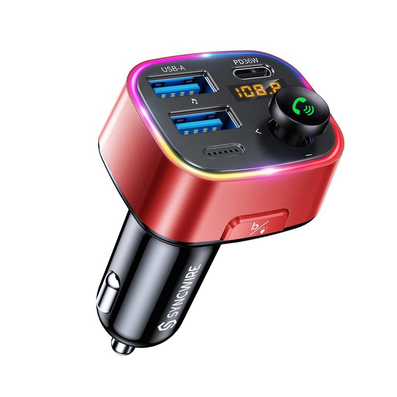 Syncwire Bluetooth 5.3 FM Transmitter Car Adapter 48W (PD 36W & 12W) [Light Switch] [Hi-Fi Deep Bass] [Fast Charge] Wireless Radio Music Adapter LED Display Hands-Free Calling Support USB Drive, Red