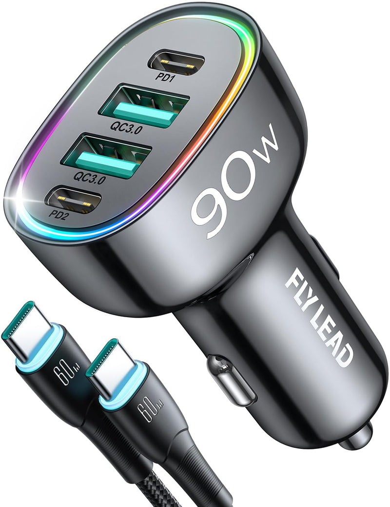 Fast Car Charger FLYLEAD 90W 4 Ports Car Charger [A Must for Family Travel] Super Fast USB C Charge Adapter for iPhone 17/16/15 Pro Max Plus With Cable