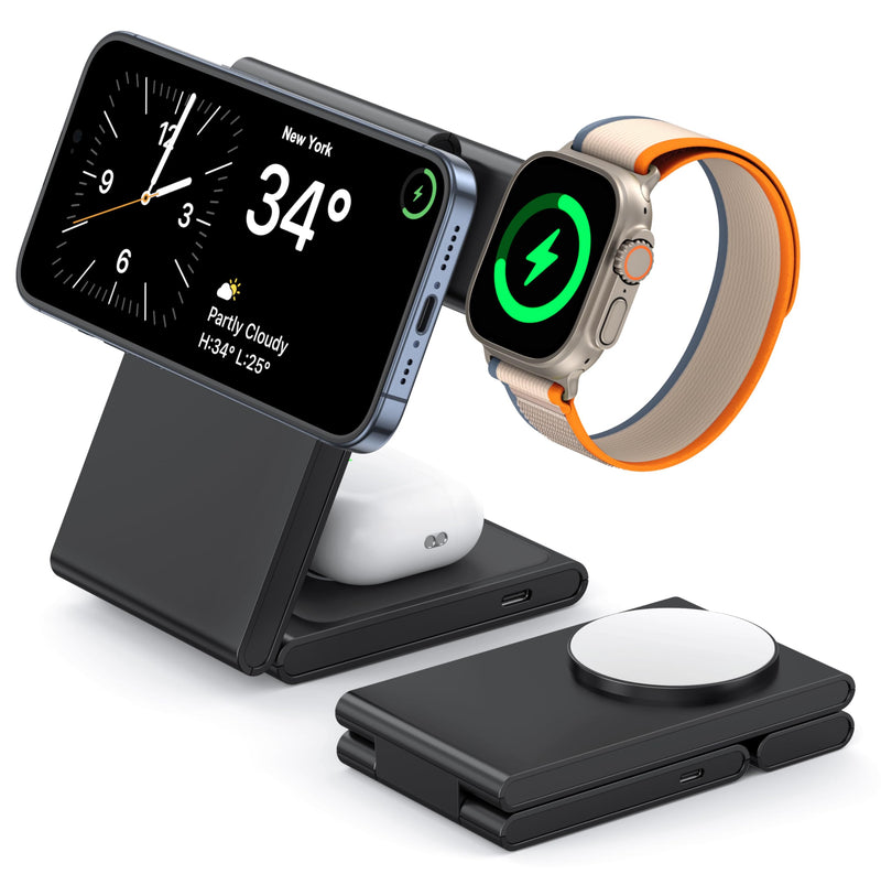 3 in 1 Wireless Charging Station for Multiple Devices, Fast Foldable Travel Mag-Safe Stand for iPhone 15 14 13 12 Pro Max/Plus/Pro/Mini, Magnetic Charger for Apple Watch/AirPods Pro with 20W Adapter Upgraded Black