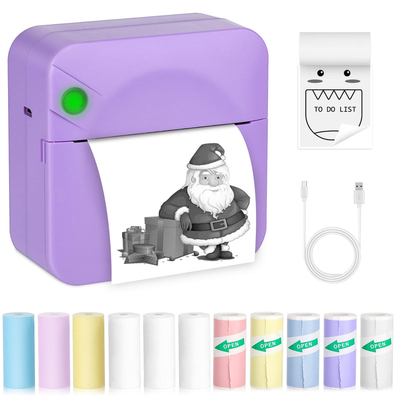 Mini Sticker Printer,Mini Pocket Thermal Printer with 11 Rolls Paper,Bluetooth Inkless Printer Compatible with Android & iOS,Portable Receipt Printer for Photo,Journal,Memo,Travel,Purple Purple