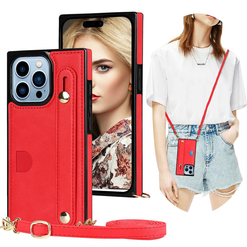 CCSmall for iPhone 15 Pro Max Case with Card Holder for Women, Phone Case Crossbody with Wrist Strap & Removable Adjustable Shoulder Lanyard Cover for iPhone 15 Pro Max KB Red