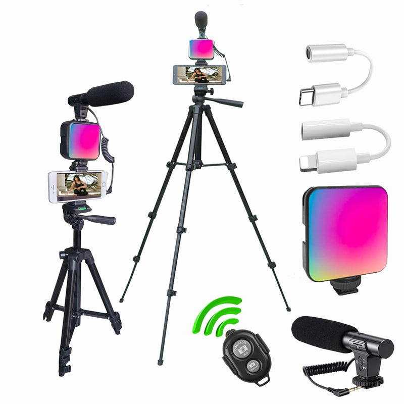 Vlogging kit for iPhone, YouTube Starter Kit, Vlogging Camera kit with RGB Light Extendable Tripod Shotgun Microphone Jack Adapter Remote for iPhone Samsung Phone Camera Total height 20IN to 50IN