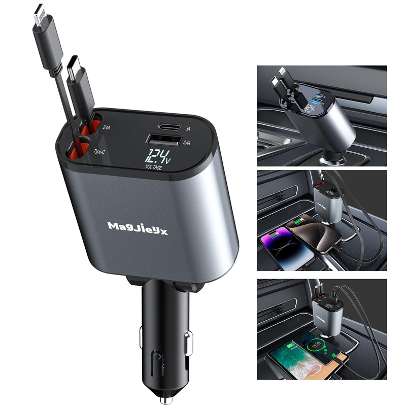 4 in 1 Retractable Car Charger, USB C Fast Charging Adapter[Max100W] with Lightning Cable&Dual Charge Port Compatible with iPhone 15/14/13/12/11 Pro Max Plus/iPad/AirPods,Galaxy,Google