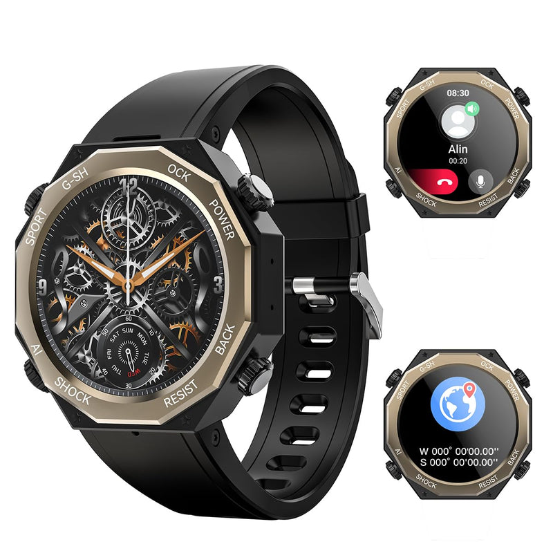 Alpha Gear Smart Watch for Men 680mAh 1.45" AMOLED 5ATM Waterproof Fitness Tracker Watch Heart Rate Blood pressure Blood Oxygen Sleep Monitor Bluetooth Calls Military Smartwatch for iOS Android Black
