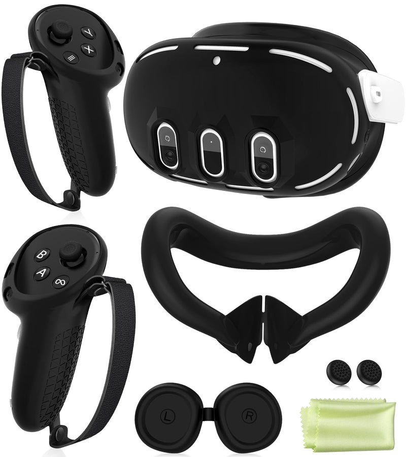 Silicone Cover Set Compatible with Oculus/Meta Quest 3, VR Accessories Protective Cover Includes Controller Grips, Front Shell Headset Cover and Face Cover (Black) Black