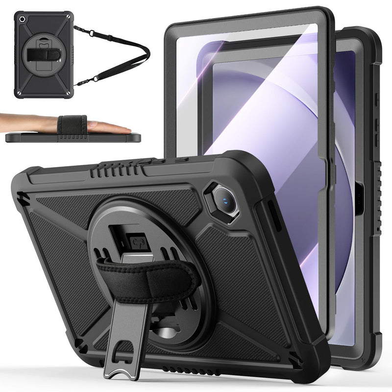 ZtotopCases for Samsung Galaxy Tab A9+ / A9 Plus 11'' 2023 (SM-X210/X216/X218), Shockproof Hard Duty Case with Screen Protector+360 Rotating Hand Strap&Stand+Shoulder Strap for Tab A9+ Tablet, Black A9 11Inch Black