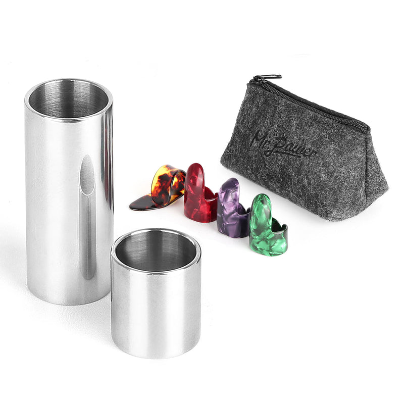 Mr.Power Guitar Slide Chrome Stainless Steel Finger Slides, Long and Short Set Metal Guitar Tube Tone Ring, for Electric Acoustic Guitar Bass, Celluloid Thumb & Finger Picks Plectrums + Portable Bag