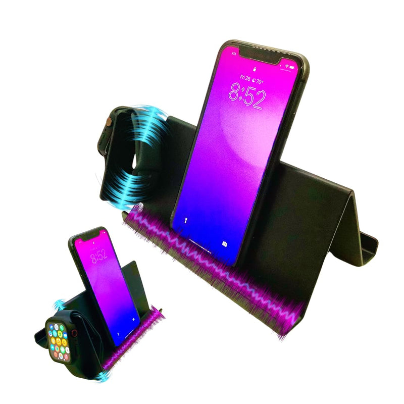 Mobile Cell Phone and Tablet Stand Holder with Audio Enhancement, Dual Docking, Non-Slip Base Pads. Mounts on Desk, Kitchen Counter, Nightstand or Bed. Buy The Stand Get The Turntable Free!